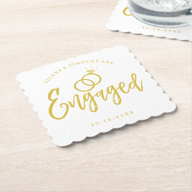 Engagement Party Script Lettering | Gold Paper Coaster (Angled)