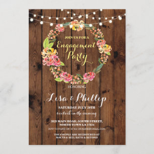 Engagement Party Shower Floral Wreath Wood Invite