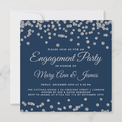 Engagement Party Silver Glitter Confetti Navy Blue Invitation