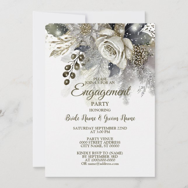 Engagement Party Silver Golden White Roses Flowers Invitation (Front)