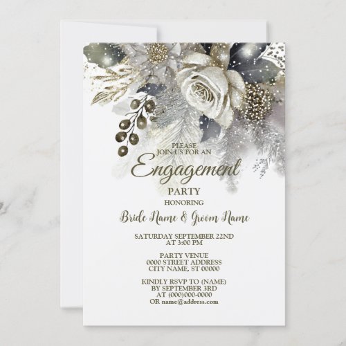 Engagement Party Silver Golden White Roses Flowers Invitation