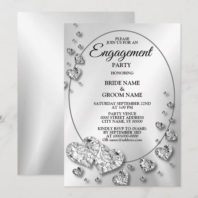 Engagement Party Silver Gray Shiny Hearts Elegant Invitation (Front/Back)