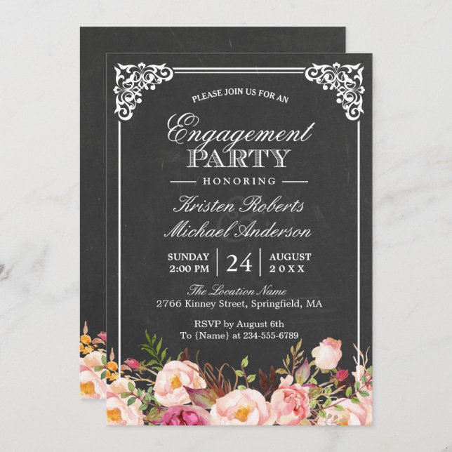 Engagement Party Vintage Pink Floral Chalkboard Invitation (Front/Back)
