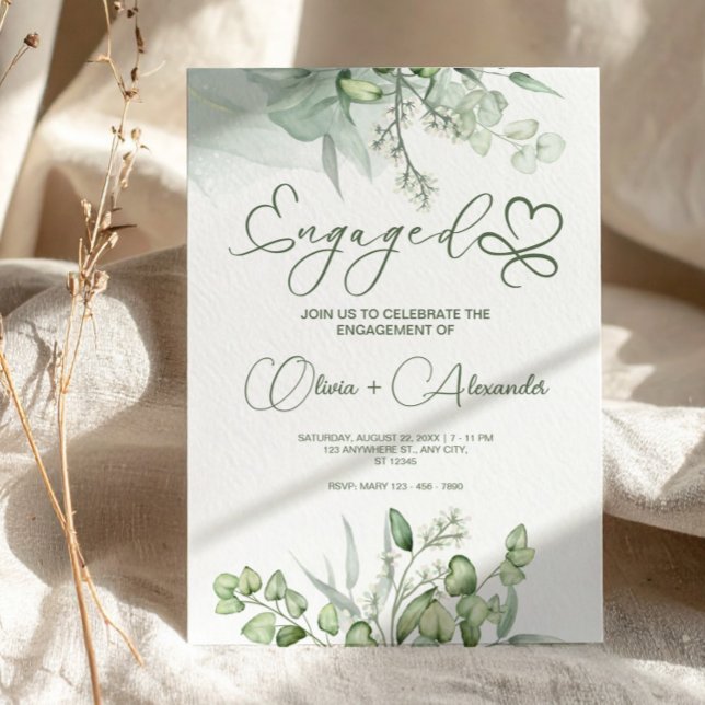 Engagement Party Watercolor Eucalyptus Green Invitation (Eucalyptus Green Engagement Card, Unique Wedding Invitation)