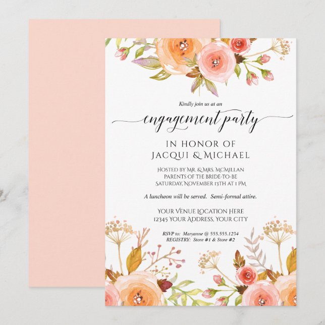 Engagement Party Watercolor Floral Rose Bouquet Invitation (Front/Back)