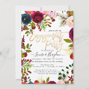 Engagement Party Watercolor Flowers, Burgundy Navy Announcement