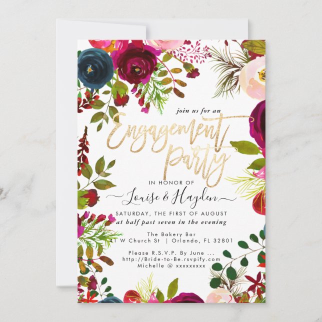 Engagement Party Watercolor Flowers, Burgundy Navy Announcement (Front)