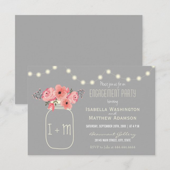 Engagement Party | Watercolor Flowers & Mason Jar Invitation (Front/Back)