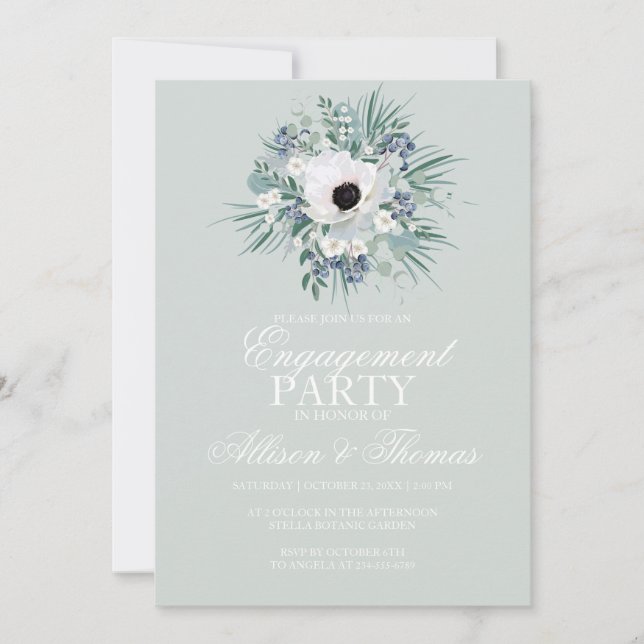 Engagement party white anemone sage green invitation (Front)