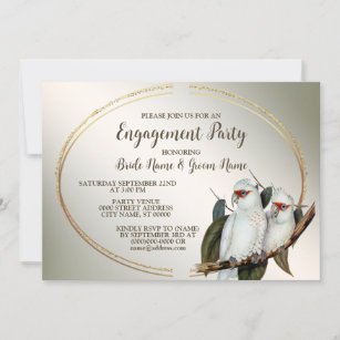 Engagement Party White Birds Cockatoo Green Leaves Invitation