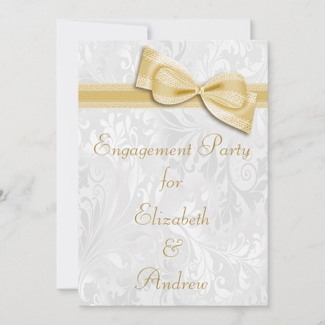 Engagement Party White Damask and  Faux Bow Invitation (Front)