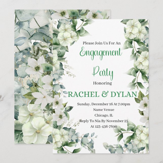 Engagement Party, White, Green, Flowers Floral Invitation (Front/Back)