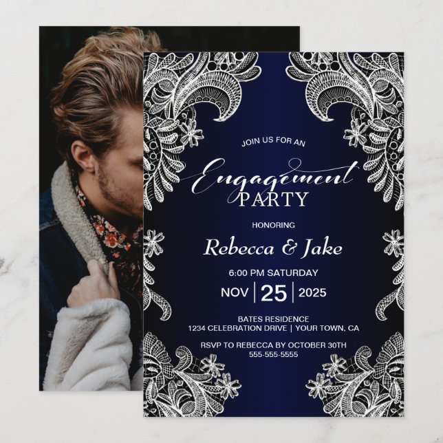 Engagement Party White Lace Blue Invitation (Front/Back)