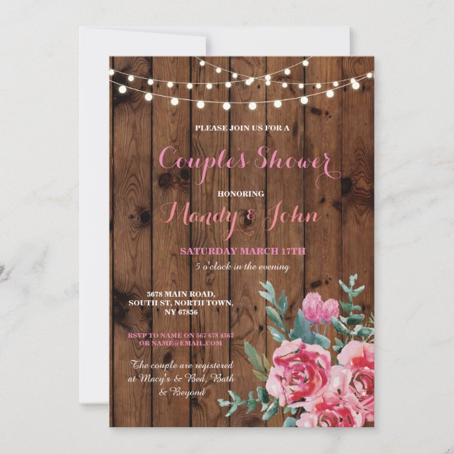 Engagement Party Wood Flower Floral Pink Invite (Front)