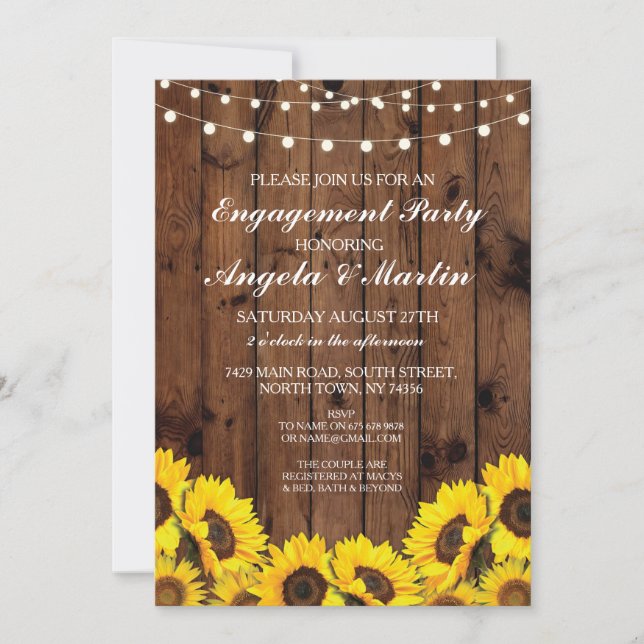 Engagement Party Wood Lights Sunflowers Invite (Front)