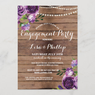 Engagement Party Wood Purple Flowers Shower Invite
