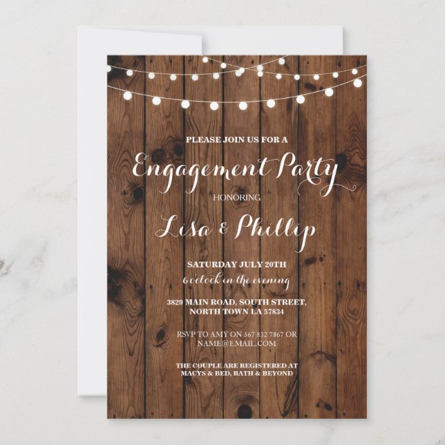 Engagement Party Wood Rustic Lights Shower Invite (Front)
