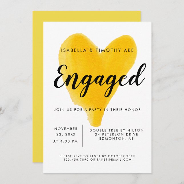 Engagement Party yellow heart watercolor modern Invitation (Front/Back)