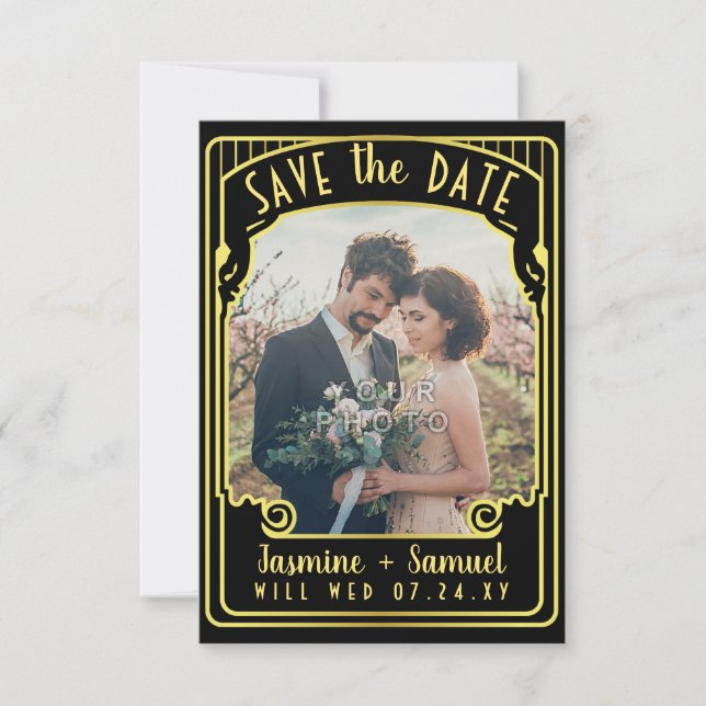 Engagement Photo | Art Deco Wedding Black Gold Save The Date (Front)