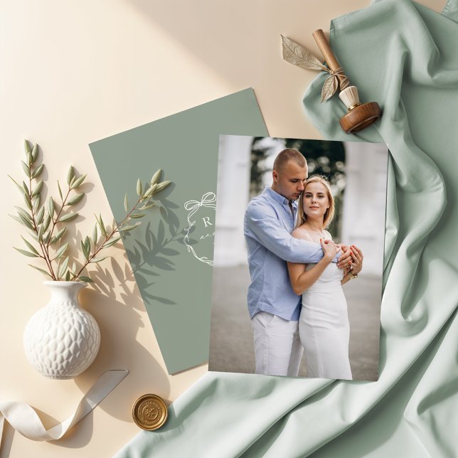 Engagement Photo Bow & Ribbon Monogram Wedding Invitation (Engagement Photo Bow & Ribbon Monogram Wedding Invitation)