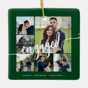 Engagement photo collage modern script ceramic ornament
