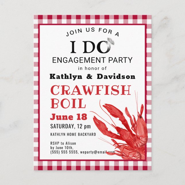 Engagement Photo Crawfish Boil Party Invitation Postcard (Front)