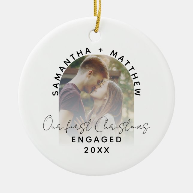 Engagement Photo First Christmas Engaged Couples Ceramic Ornament (Front)