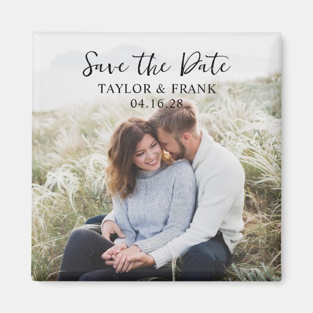 Engagement Photo Modern Brush Script Save the Date Magnet (Front)
