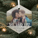 Engagement Photo She Said Yes! Christmas Marbled Glass Ornament<br><div class="desc">Celebrate a joyful Christmas proposal and engagement with a custom photo faux marble hexagon-shaped glass ornament. Pictures and all text on this template are simple to personalize, including wording that reads "He popped the question ... she said yes!" (IMAGE PLACEMENT TIP: An easy way to center a photo exactly how...</div>