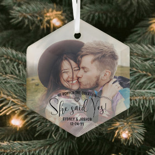 Engagement Photo She Said Yes! Christmas Proposal Glass Ornament