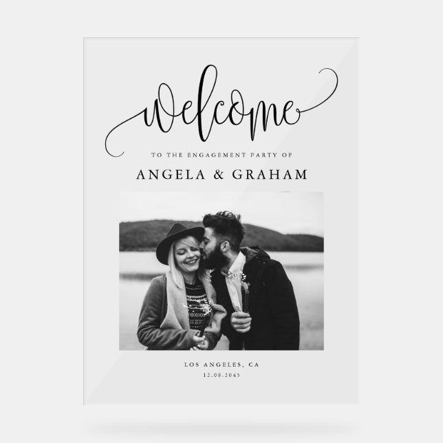 Engagement Photo with Black Pretty Calligraphy Acrylic Sign (Front)