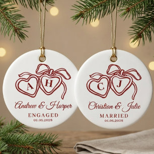 Engagement Red Custom Monogram Wedding Newlyweds Ceramic Ornament