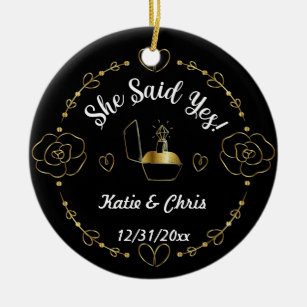 engagement ring Christmas, Personalized name, date Ceramic Ornament