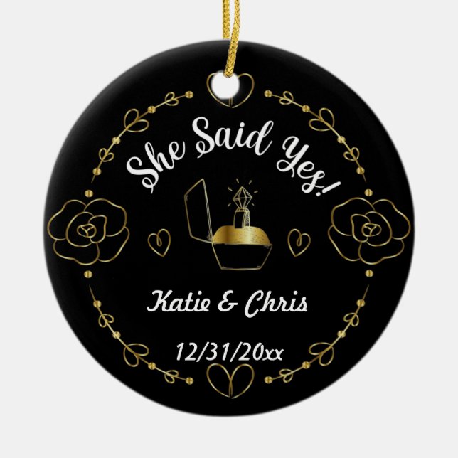 engagement ring Christmas, Personalized name, date Ceramic Ornament (Front)