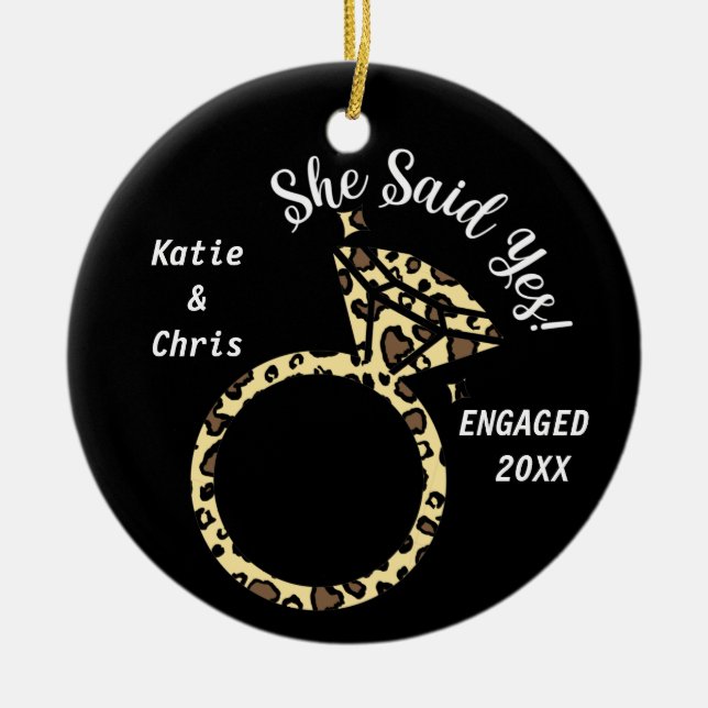 engagement ring, Personalized name and date Ceramic Ornament (Front)