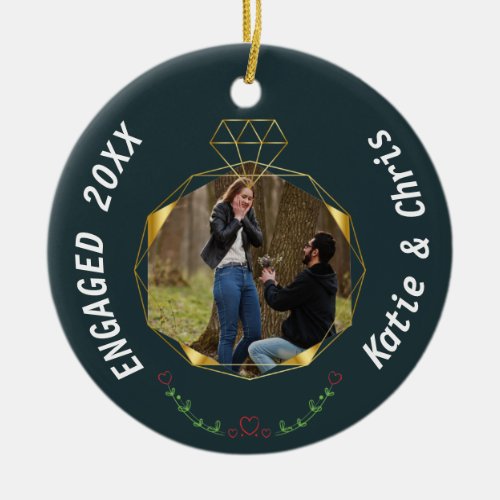 engagement ring Personalized photo name and date Ceramic Ornament