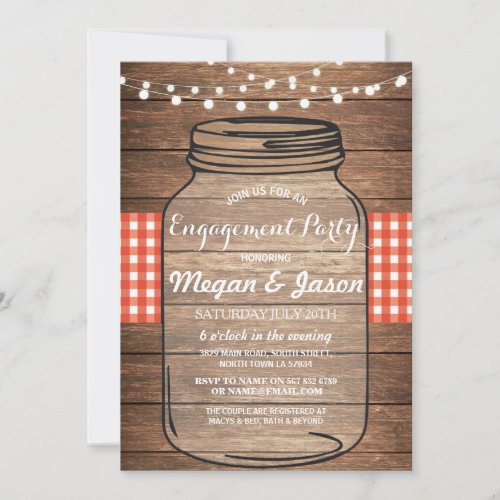 Engagement Rustic Jar Wood Red Gingham Invite