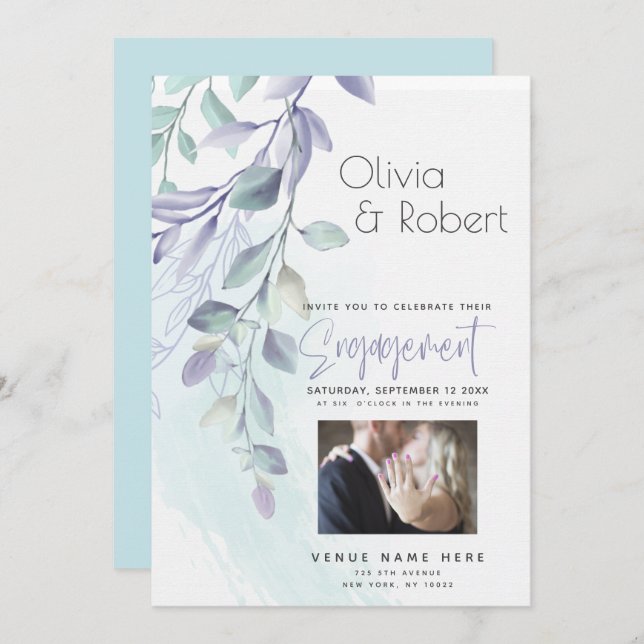 Engagement | Rustic Watercolor Lilac and Teal Invitation (Front/Back)