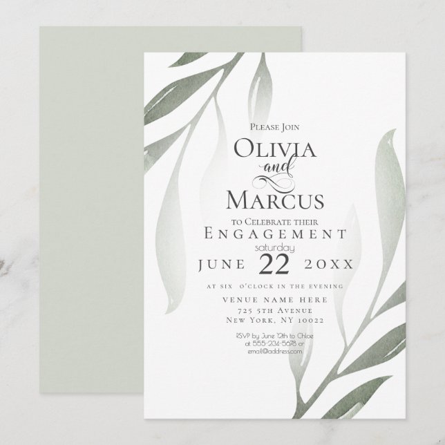 ENGAGEMENT | Sage Green Olive Branch Watercolor Invitation (Front/Back)