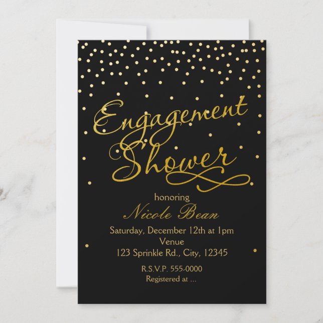 Engagement Shower Black & Gold Foil Dot Invitation (Front)