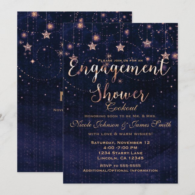 Engagement Shower Starry Night Purple & Gold Invitation (Front/Back)