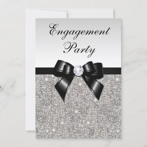 Engagement Silver Sequins Black Bow Invitation