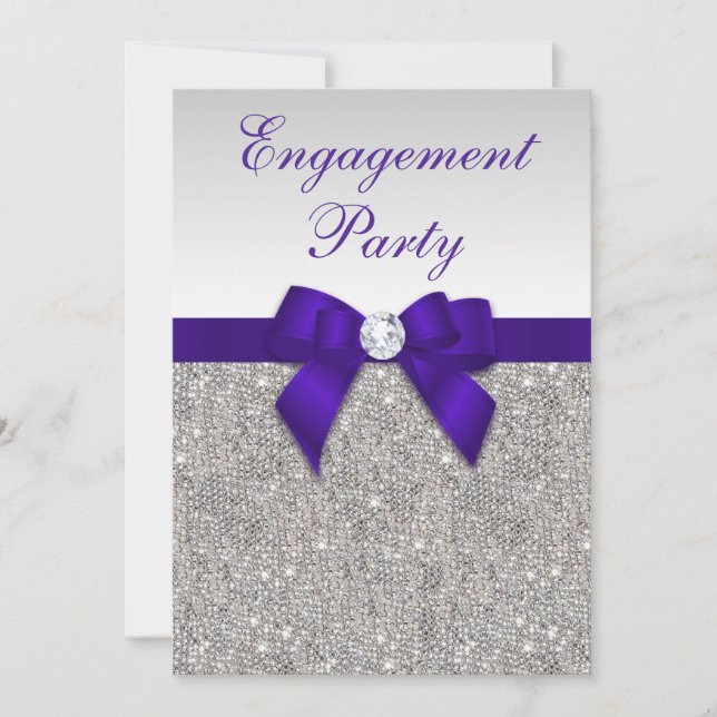 Engagement Silver Sequins Deep Royal Purple Bow Invitation (Front)