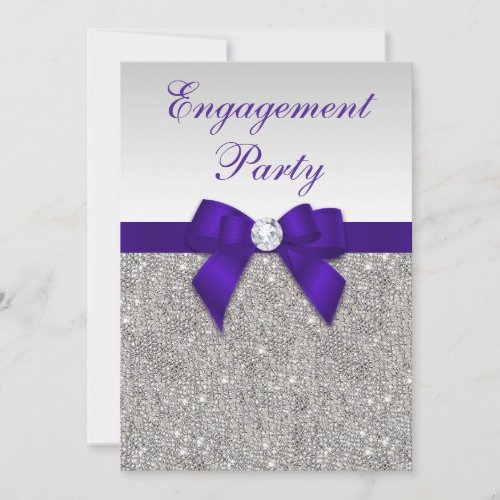 Engagement Silver Sequins Deep Royal Purple Bow Invitations