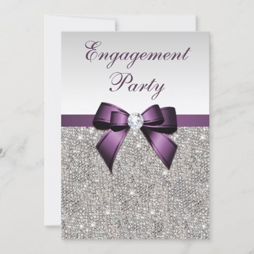 Engagement Silver Sequins Violet Bow Invitation