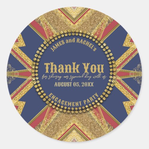 Engagement Thank You Red Blue Gold Modern Art Deco Classic Round Sticker