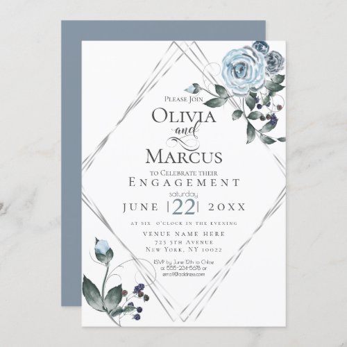 ENGAGEMENT  Watercolor Dusty Blue Floral Silver Invitation