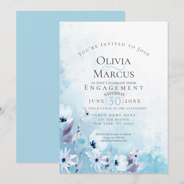 ENGAGEMENT | Watercolor Sky Blue Anemone Garden Invitation (Front/Back)