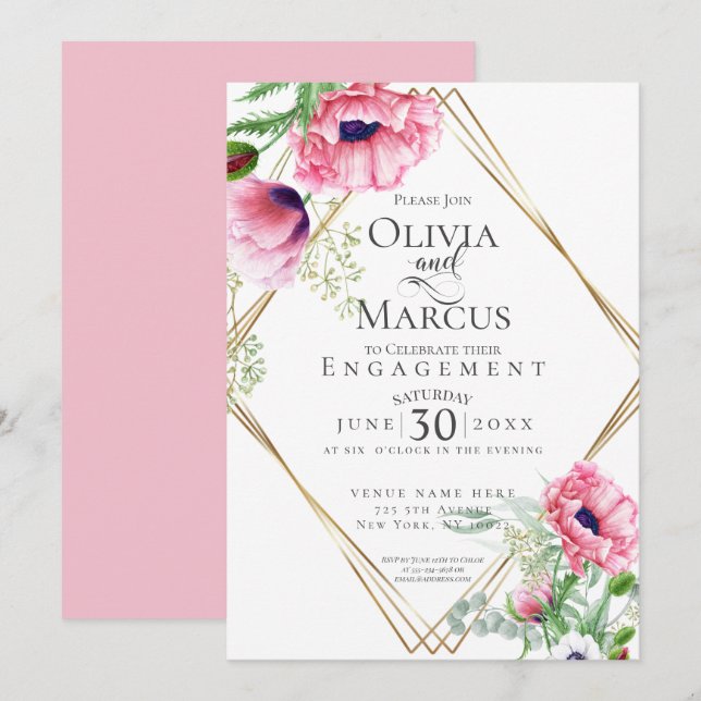 Engagement Watercolour Pink Poppies Invitation (Front/Back)