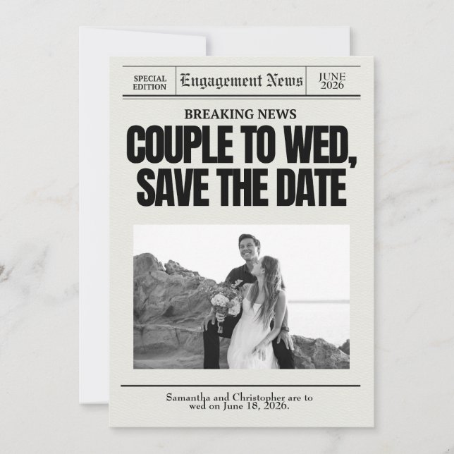 Engagement Wedding Save the Date Breaking News  (Front)